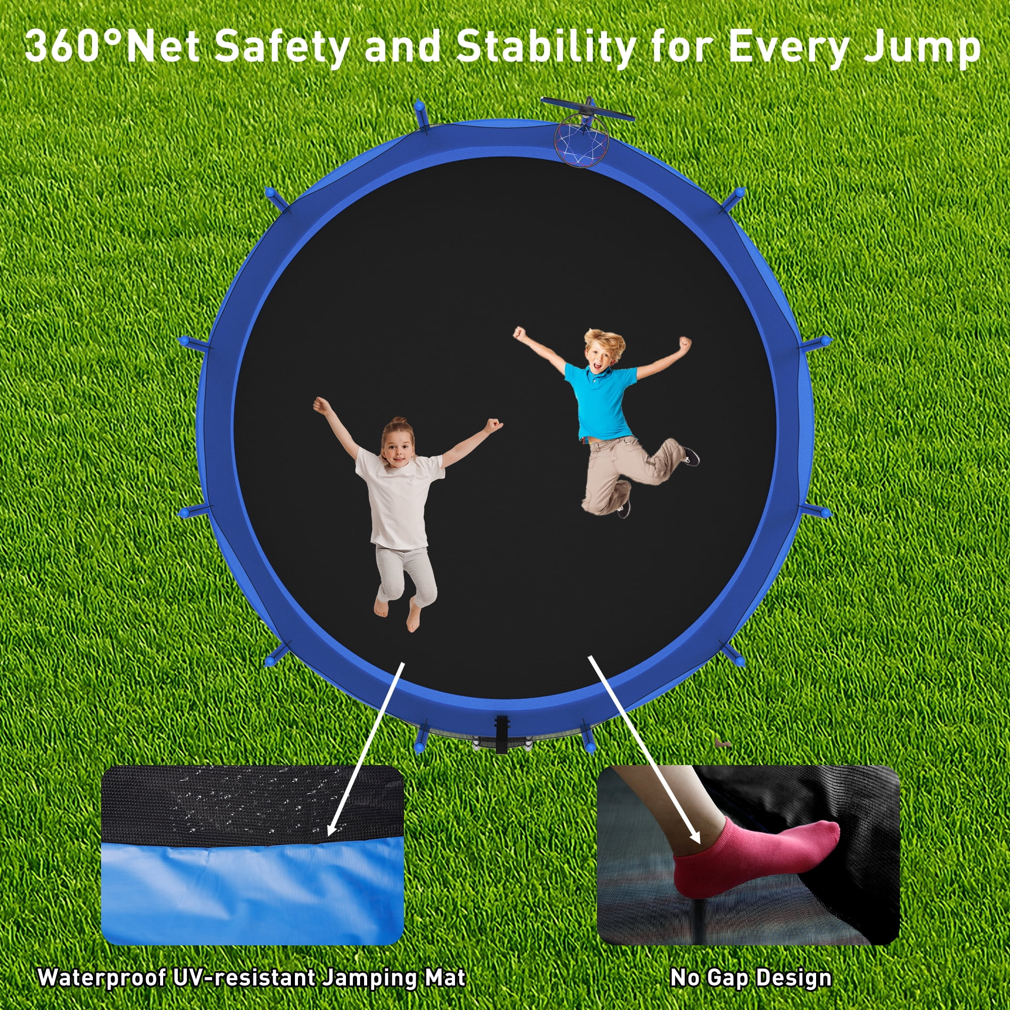 XMIKA Trampoline 14ft, Trampolines with Basketball Hoop for Kids and Adults, Outdoor Trampolines with Enclosure Net, Ladder, Light, Sprinklers, 1400LBS Weight Capacity, Heavy-duty Round Trampoline