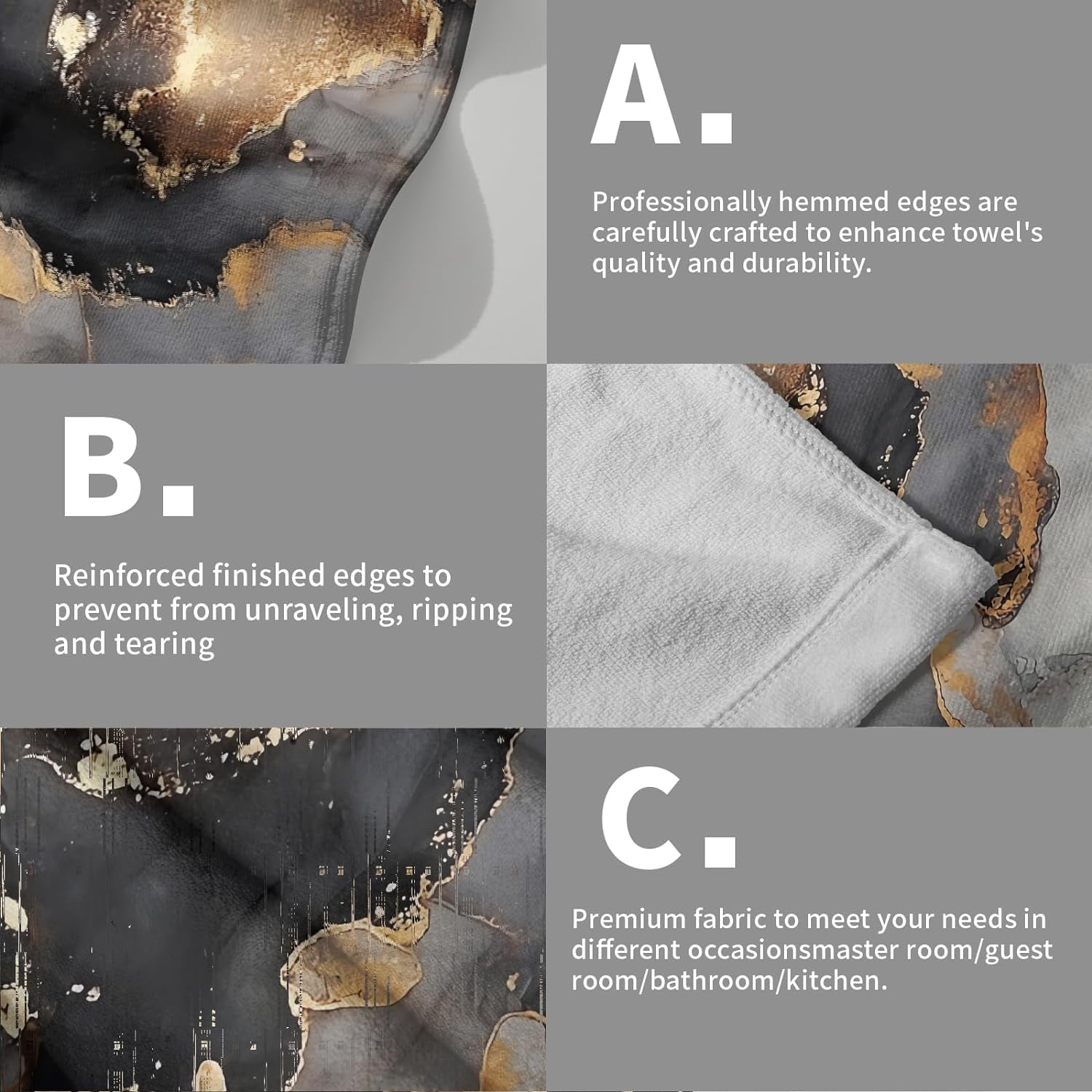 Black Marble Hand Towel Set of 2 Abstract Gold Foil Face Towels Soft Luxury Highly Absorbent Bathroom Towel for Spa Home Gym Sports Decor