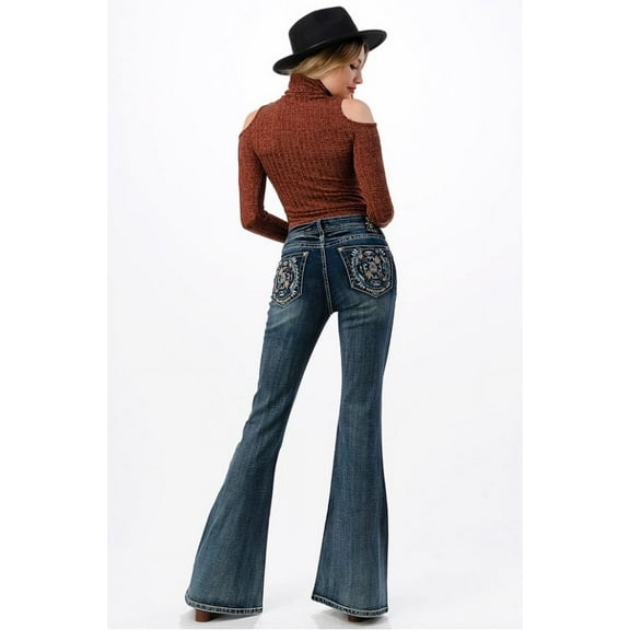 Grace in LA Women's Western Aztec Embroidered Flared Wide Leg Bell Bottom Stretch Jeans (25)