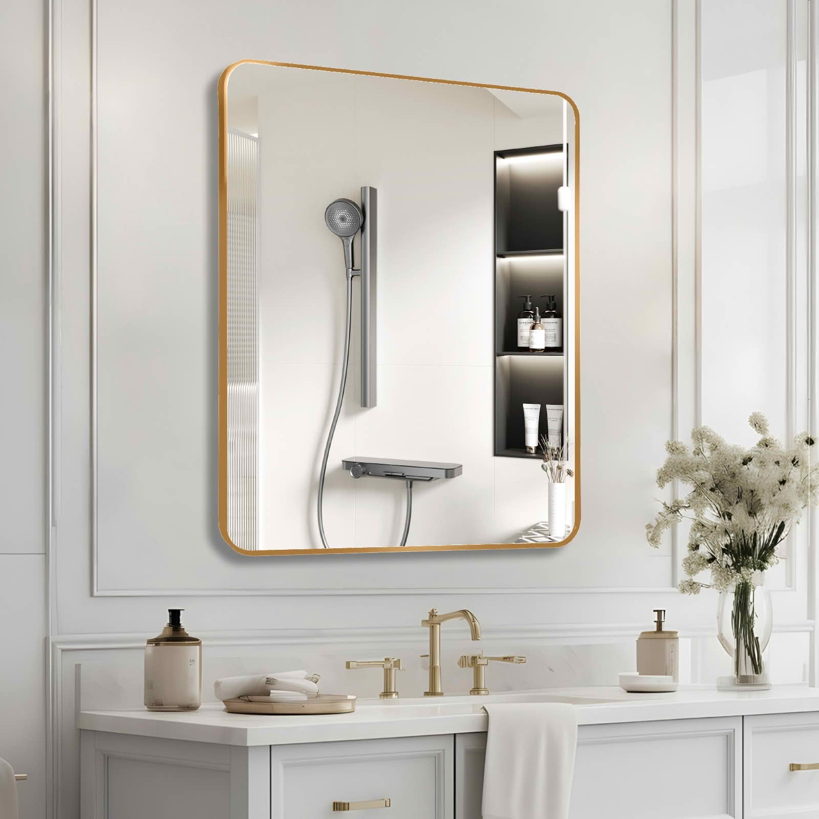 MAYEERTY 30"x36" Gold Metal Framed Rectangular Bathroom Wall Mirror, for Home Bathroom Vanity