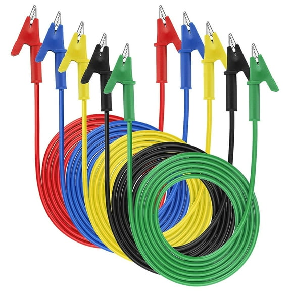 5 Pcs Dual Ended Crocodile Alligator Clips, 15A Test Lead Wire Cable with Insulators Clips, 5 Colors 3.3 ft/1m Test Flexible Cable with Protective Jack Copper Clamps for Electrical Testing