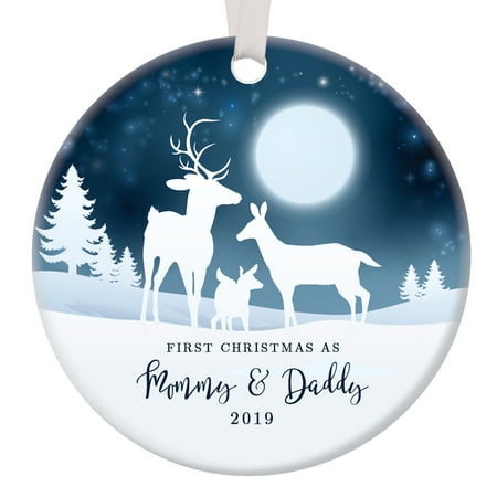 1st Christmas as Mommy & Daddy 2019, New Parents Ornament, Deer Family Porcelain Ornament, 3