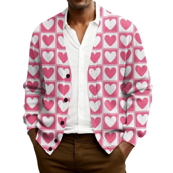 QHRMKOG Mens Cardigan Sweater Romantic Valentine's Day Heart Cardigans Graphic Loose Fit Long Sleeve V Neck Button Up Cardigan Sweaters Trendy Ribbed Knited Sweater White 3XL