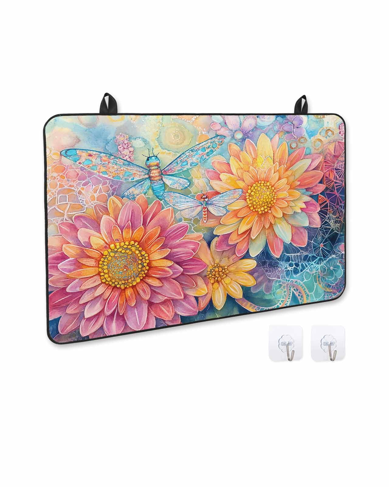 nqOlkjepod Large Induction Cooktop Protector Mat 36"x21", Pink Yellow Spring Floral Stove Top Covers for Electric Stove, Summer Flowers Dragonfly Watercolor Stove Burner Cover Mats Stove Cover