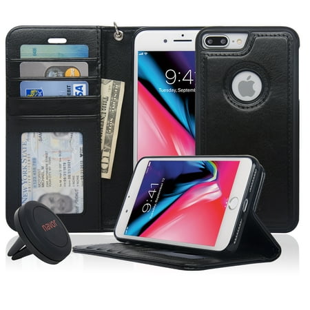 NAVOR Car Mount and Auto Align Detachable Ultra Strong Magnetic Wallet Case works for Apple iPhone 8 Plus [RFID Theft
