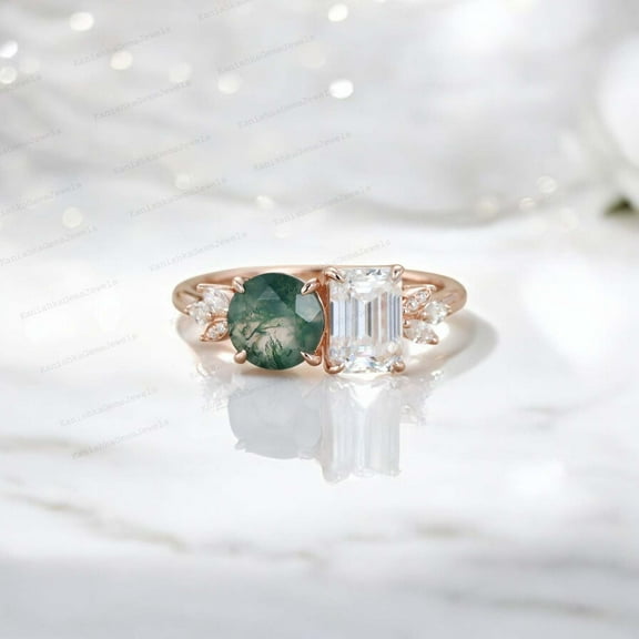 KANISHKAGEMS&JEWELS 8x6MM / 2Ct Vintage Moissanite Engagement Ring Moss Agate Bridal Wedding Jewelry Cluster Proposal Gift Ring