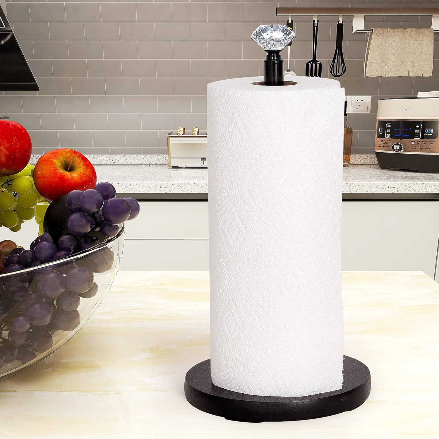 Paper Towel Holder Countertop, , Crystal Paper Towel Stand Holder, Black Solid Wood Weighted Paper Towel Holders for Standard and Large Size Rolls (Black)