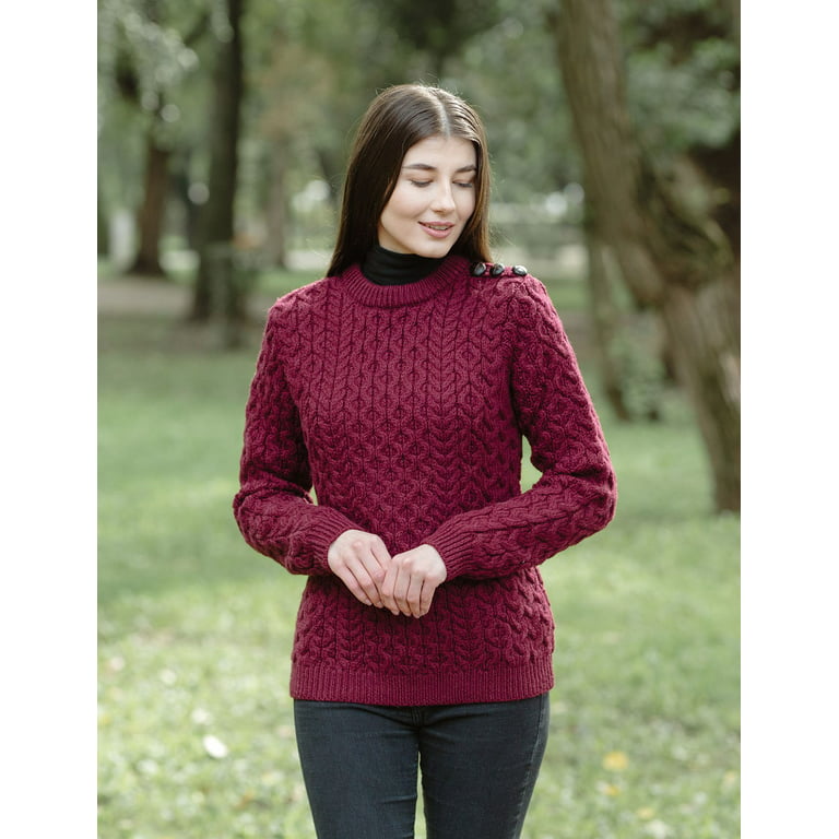 Saol 100% Merino Wool Aran Women's Irish Cable Knit Sweater Fisherman Side Button Fit Pullover Made in Ireland, Size: XS, Red
