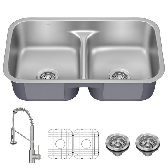 Kraus Premier 32 in Undermount 50/50 Double Bowl 18-Gauge Stainless Steel Kitchen Sink and Commercial Style Pull Down Faucet in Spot-Free Stainless Steel