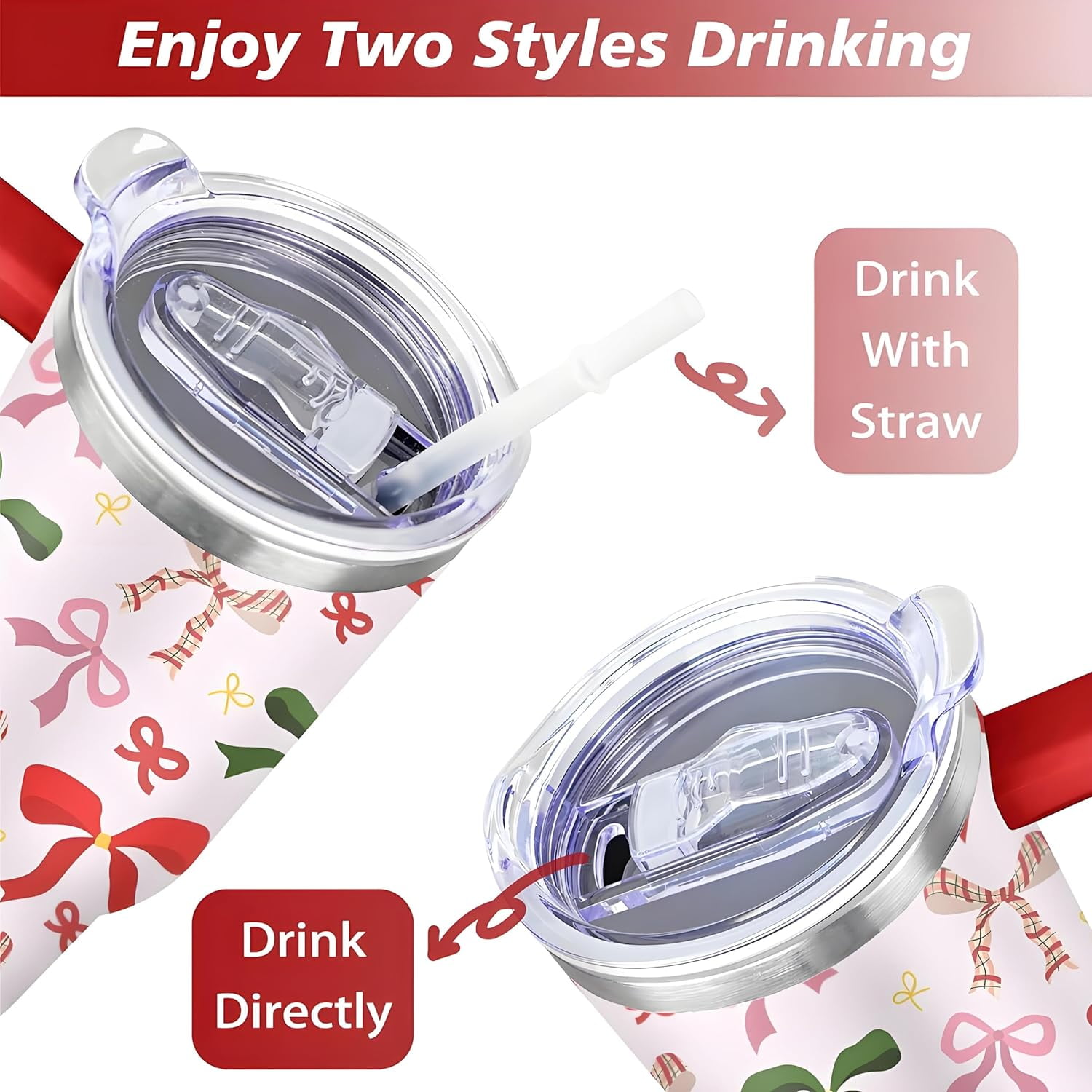 Christmas Tumbler, Cute Xmas Bow Tumbler with Handle and Straw, 40 oz Stainless Steel Insulated Water Bottle Christmas Birthday Winter Gifts for Women
