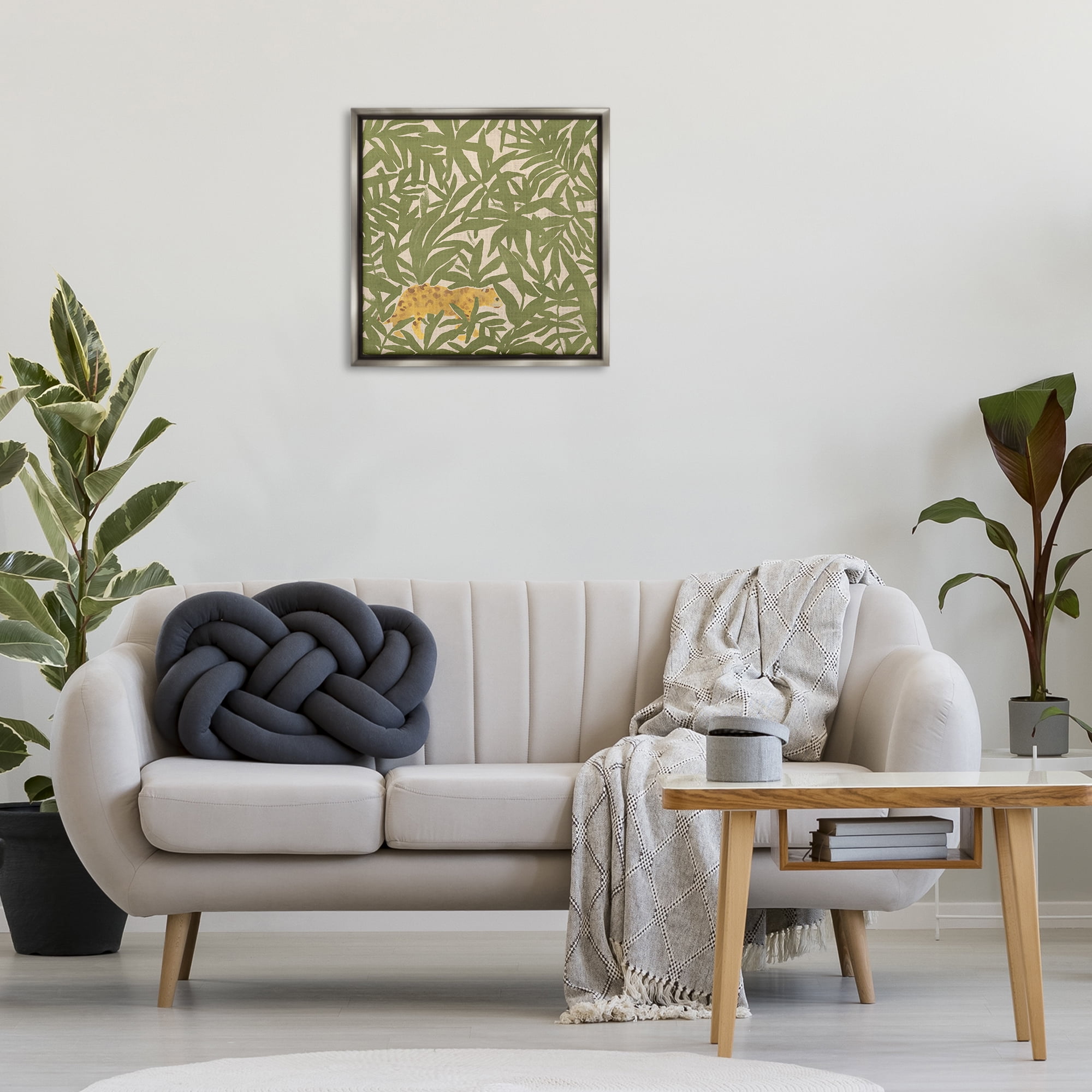 Stupell Industries Prowling Cheetah in Plants Botanical & Floral Painting Gray Floater Framed Canvas Art Print Wall Art, 25 x 25
