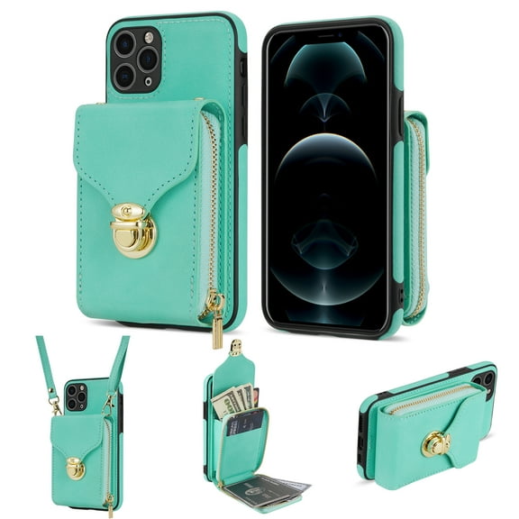 for iPhone 11 Pro Max Case Wallet with Shoulder Strap for Women - Crossbody Lanyard,Zipper Pocket,Credit Card Holder,Shockproof - Metal Buckle Closure Premium PU Leather Case, Mint