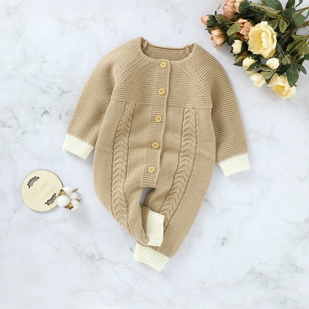 

Puloru Baby Knit Jumpsuit Long Sleeve Button Open Front Solid Color Romper