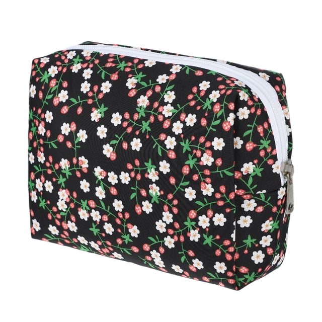 1 Pc Bolsa Cosmética Portátil de Flores para Vacaciones y Viajes de Negocios Negra de Poliéster