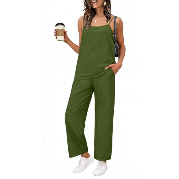 Stamzod 2 Piece Sets for Women Summer Outfits Tank Top Wide Leg Pants Lounge Sets Vacation Travel Outfits Green B XXL