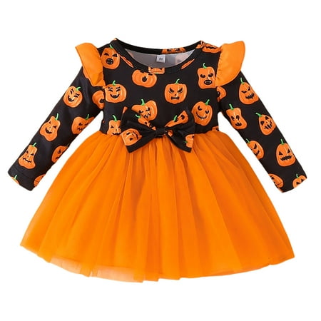 

YTIANH Vintage Dresses Toddler Children Girls Christmas Long Sleeve Bowknot Cartoon Prints Dresses Tulle Dress Clothes Orange 3-4 Years