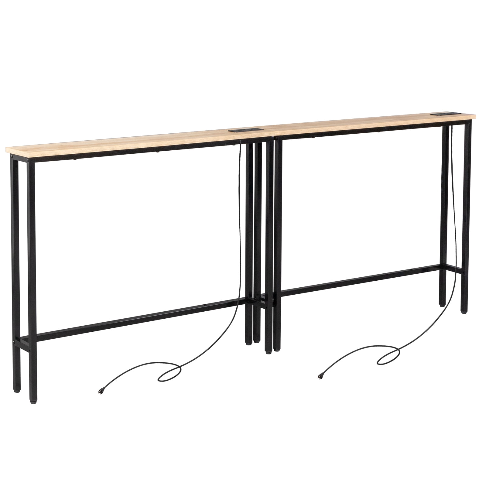 2 Pack 39.4" Narrow Console Sofa Table with Power Outlets and USB Ports, Long Couch Table with Metal Frame and Charge Station with 4.9ft Extension Cord, Oak