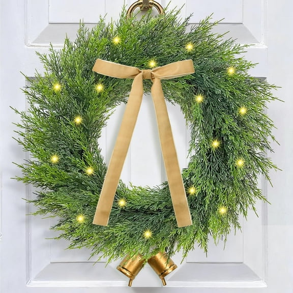 24" Cedar Pine Christmas Wreath with Bow Gold Cow Bell, Christmas Wreaths for Front Door, Christmas Door Wreath with Lights for Home Wall & Window Christmas Decorations Indoor & Outdoor(1PCS)