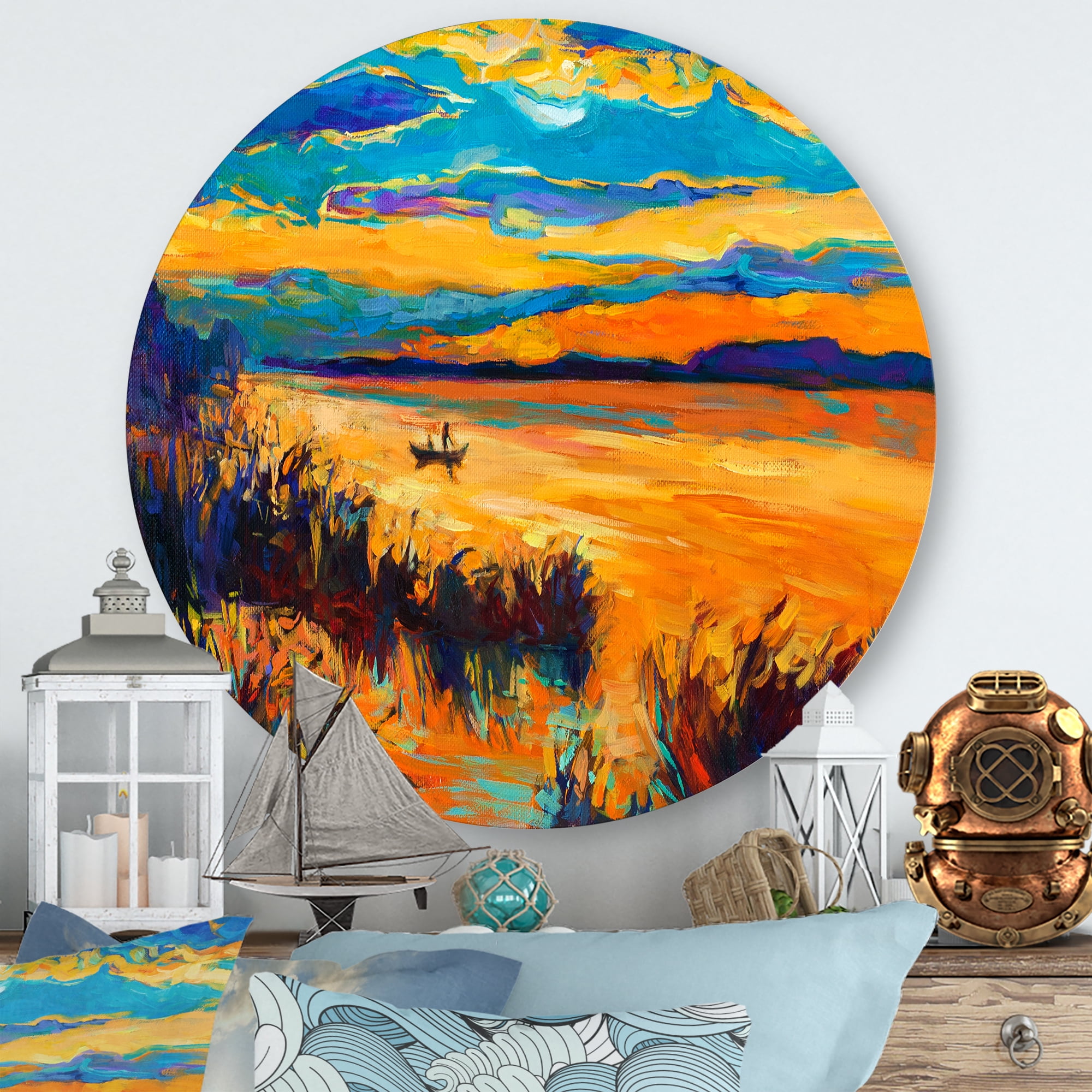 Designart 'Little Boat At The Horizon Of A Lake During Evening Glow' Nautical & Coastal Circle Metal Wall Art 23x23 - Disc of 23