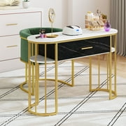 DWVO Modern Nail Table with Storage, Manicure Table with Drawer & Shelves, Marbling Texture Nail Table Station for Salon Home Spa Beauty, Black and Gold