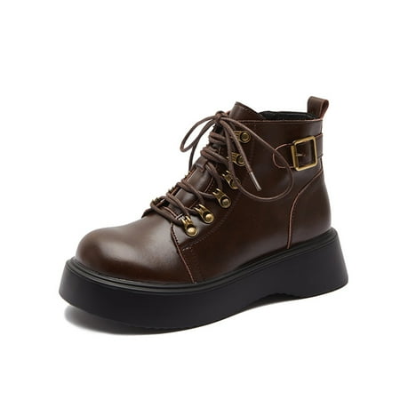 

Beautiful foot power muffin thick soled leather Martin boots women s large round head retro brown English style short boots