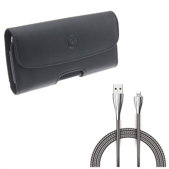 6ft Metal USB Cable w Leather Case Belt Clip for iPhone XS Max/8 PLUS/7 Plus/6S Plus/6 Plus - Charger Cord Power Wire Braided Long and Holster Cover Loops Pouch Carry
