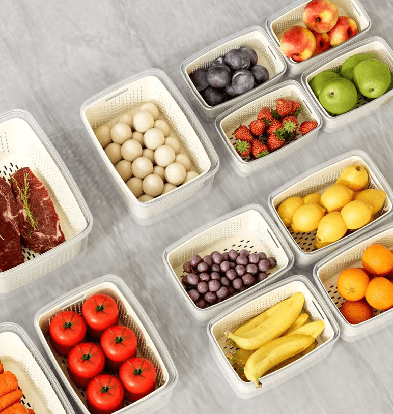 AK Products 4-Piece Large Fruit & Vegetable Storage Containers with Lids & Removable Colander – BPA-Free Plastic Produce Saver for Fridge & Kitchen Organization