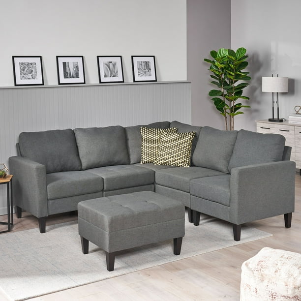 Noble House Sofija Fabric Sectional Couch with Ottoman, Dark Grey