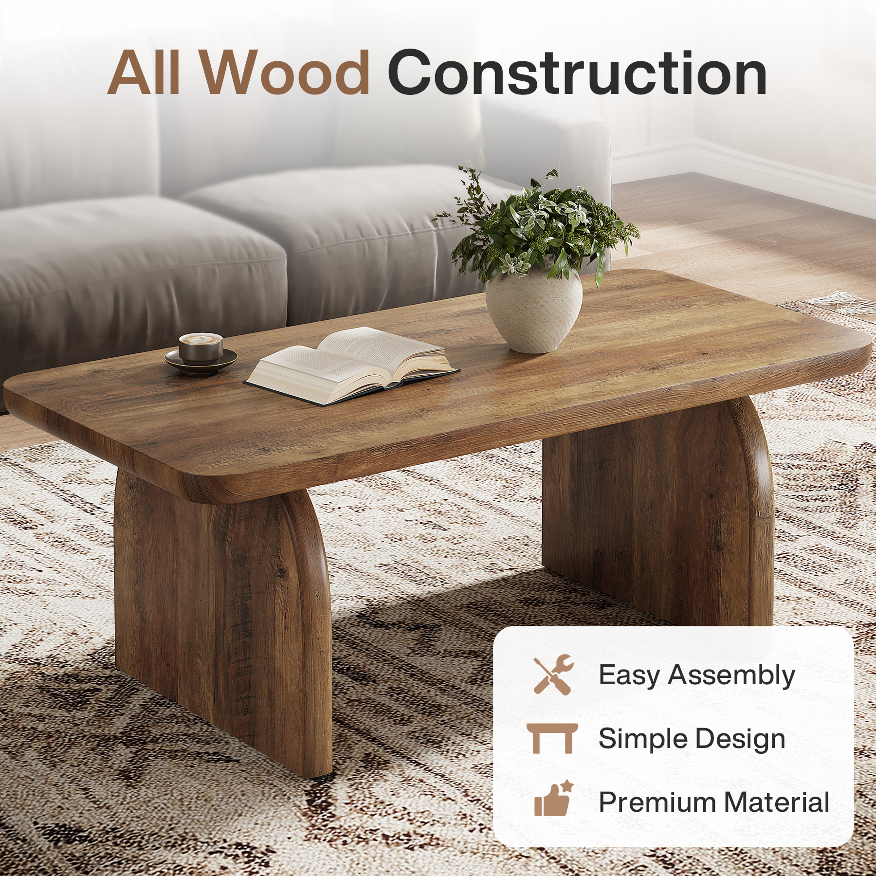 Finmind Rectangle Coffee Table, 47-Inch Wood Living Room Table, Easy Assembly