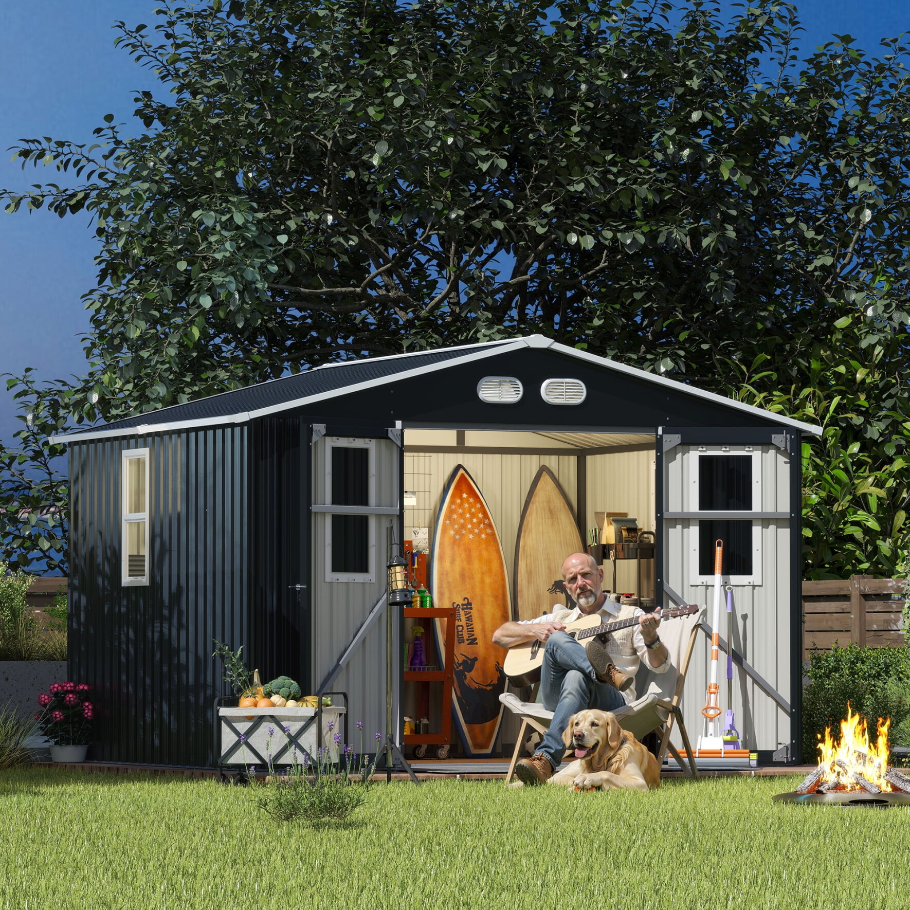 10x8 FT Outdoor Storage Shed, Metal Garden Tool Shed with Windows and Lockable Doors, Updated Frame Bike Shed with Slooping Roof and Air Vents, Dark Grey
