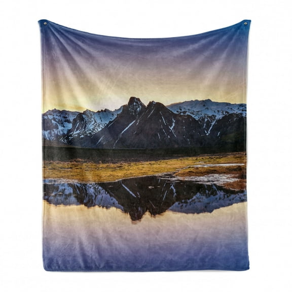 Mountains Soft Flannel Fleece Throw Blanket, Winter View with a Reflection on the Lake Serene Sunset Vacation Destinations, Cozy Plush for Indoor and Outdoor Use, 50" x 70", Multicolor, by Ambesonne
