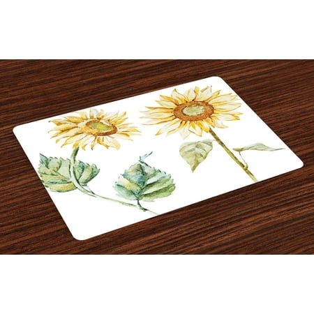 Summer Placemats Watercolor Placemats Set of 4 Alluring Sunflowers Summer Inspired Design Agriculture, Washable Fabric Place Mats for Dining Room Kitchen Table Decor,Earth Yellow Pale Yellow Fern Green, by Ambesonne ()