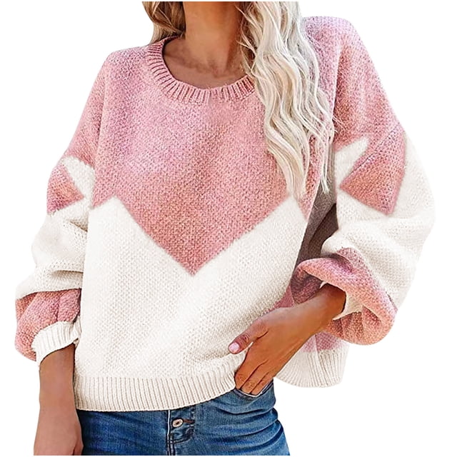 IROINID Chandail pour Femmes Col Rond Chandail Bloc de Couleur Ample Longueur Courte Manches Longues Tricot
