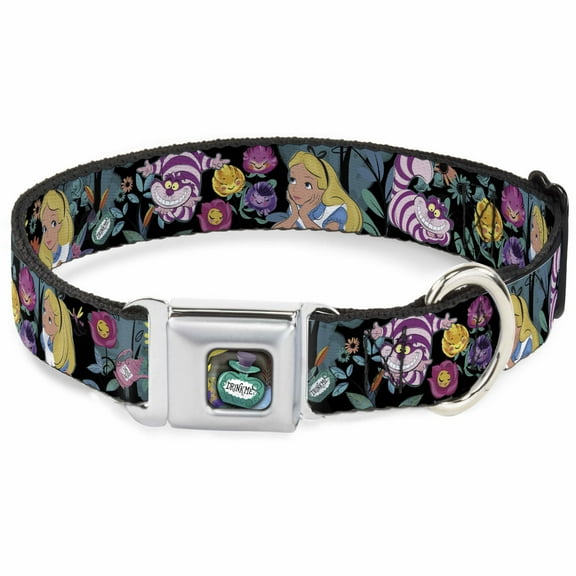 Disney Pet Collar, Dog Collar Metal Seatbelt Buckle, Alice Cheshire Cat Flowers Poses Black Multi Color, 9.5 to 13 Inches 1.0 Inch Wide