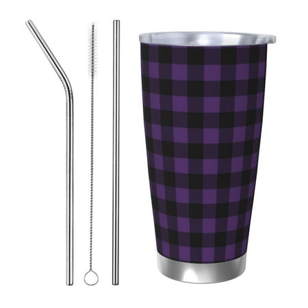 

Lukts Purple Black Plaid for 20OZ Car Cup Stainless Steel Direct Drinking Straw Thermos Cup Suitable for Office Travel and Car-Straw Three-piece Set