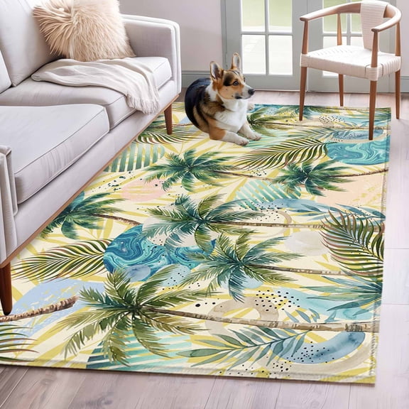 Rectangle Area Rugs 3 x 5 Ft, Tropical Plant Non-Slip Residential Carpet, Summer Watercolor Boho Green Palm Tree Beige Indoor Crawling Mats Runner Rugs for Living Room/Dining Room/Bedroom