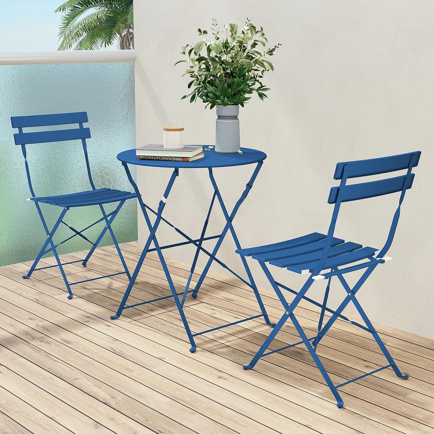 Grand Patio Metal 3-Piece Folding Bistro Table and Chairs Set, Outdoor Patio Dining Furniture for Small Spaces, Balcony, Peacock Blue - image 4 of 11