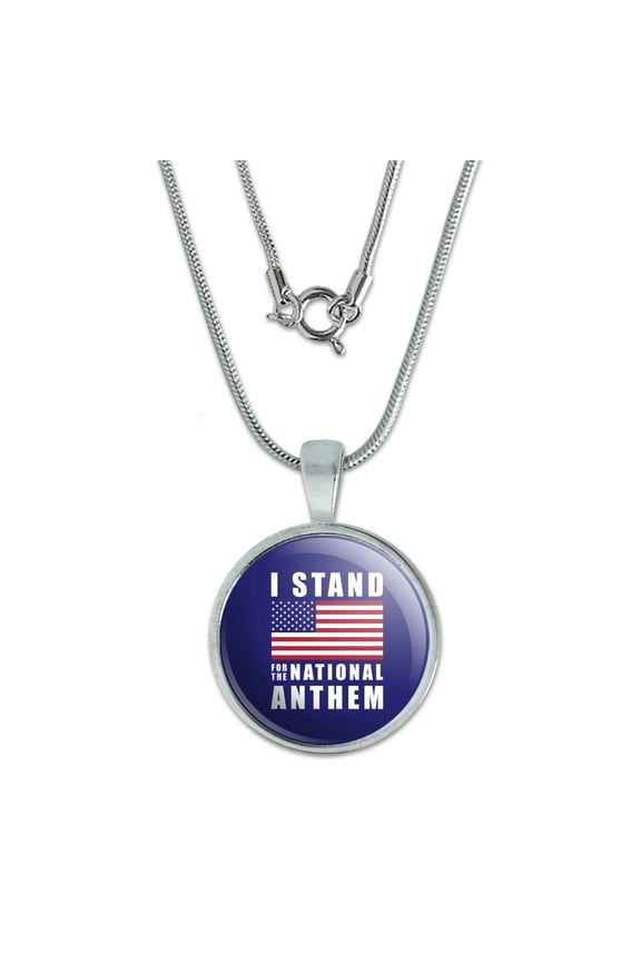I Stand For The National Anthem American Flag USA 0.75" Pendant with Sterling Silver Plated Chain
