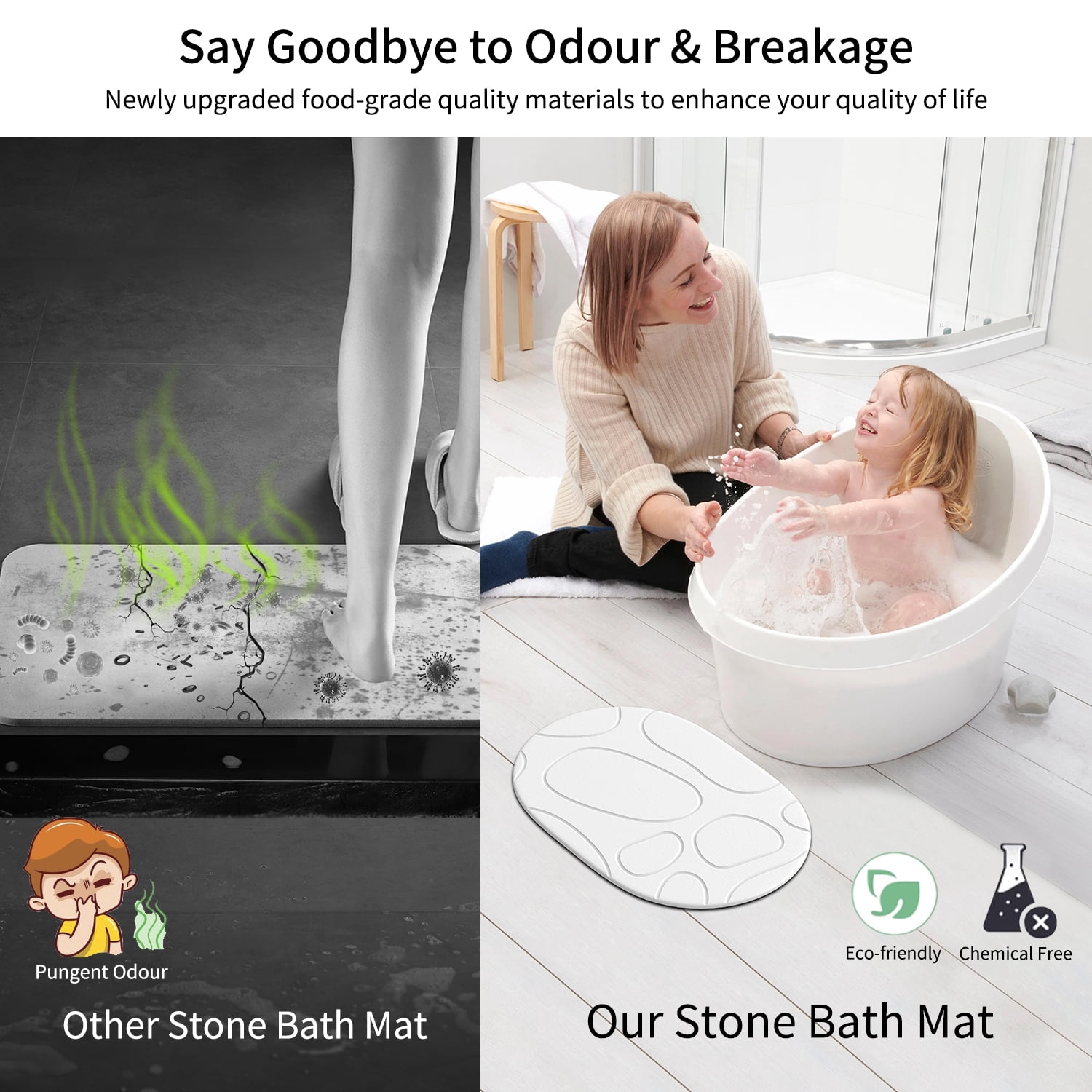 Cenepor Stone Bath Mat Diatomaceous Earth Shower Mat, Non-Slip Quick Drying Super Absorbent, Bath Mats for Bathroom, Easy to Clean, 24" x 16" White