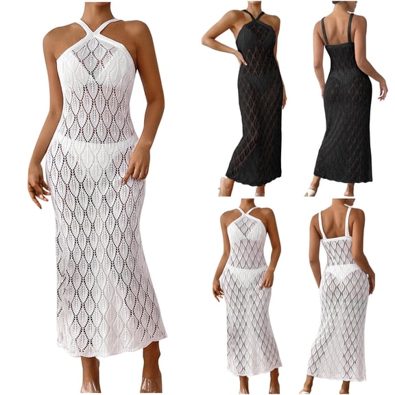 Tqyyweavej Swimsuit Halter Cover Up Dresses for Women Sheer Hollow Out Solid Color Bathing Suit Coverups Slim Sleeveless V Neck Beach Cover Up