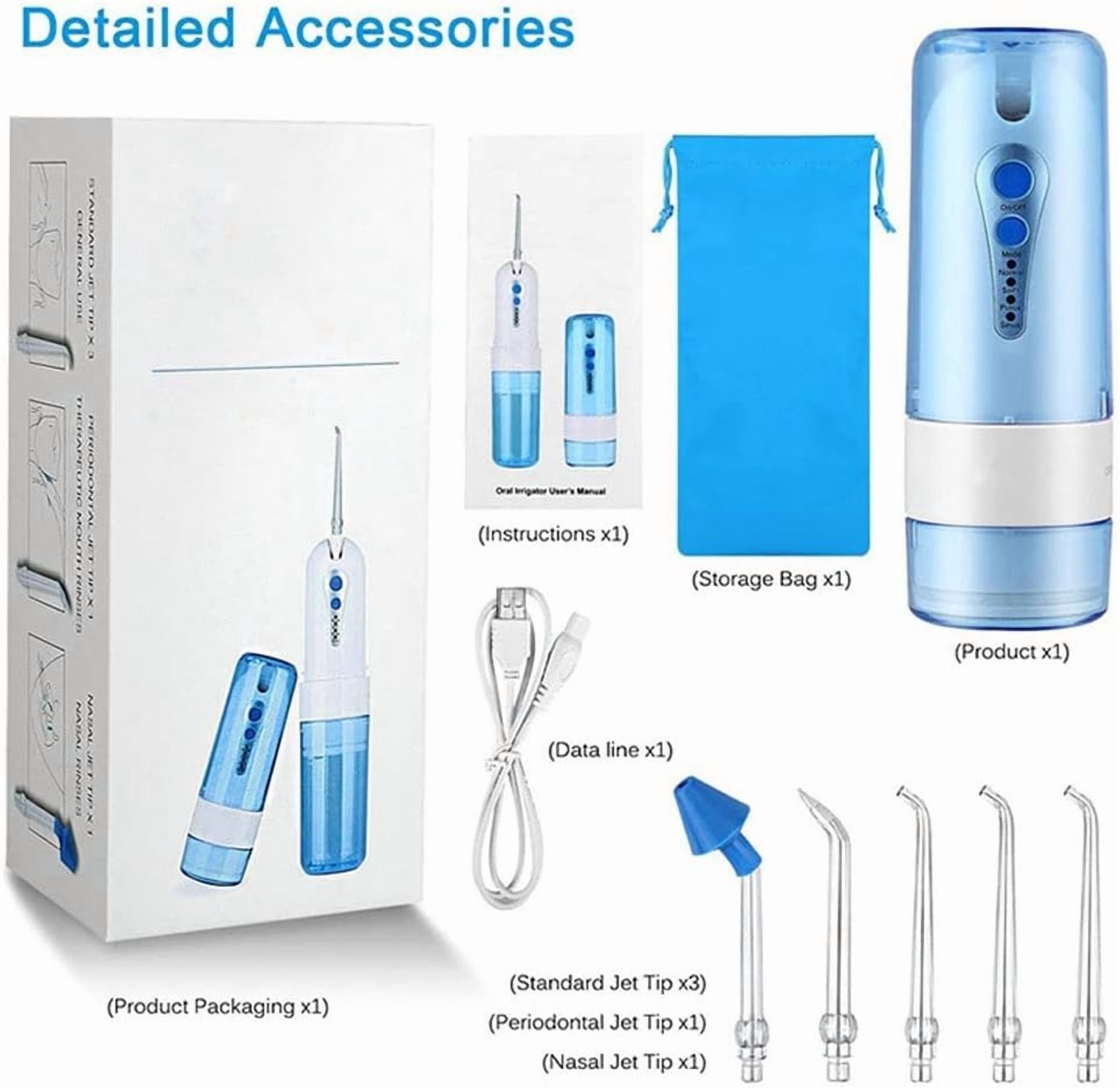 Water Dental Flosser for Teeth, Portable 200ML Water Teeth Cleaner Picks with 4 Cleaning Modes & 5 Jet Tips for Family Use, USB Rechargeable