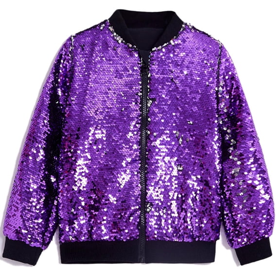 Xdegoge Boys Girls Sparkly Sequin Jacket Long Sleeve Zipper Bomber Outerwear Shiny Glitter Party Ribbed Collar Cuffs Dance Performance Holiday Casual Coat