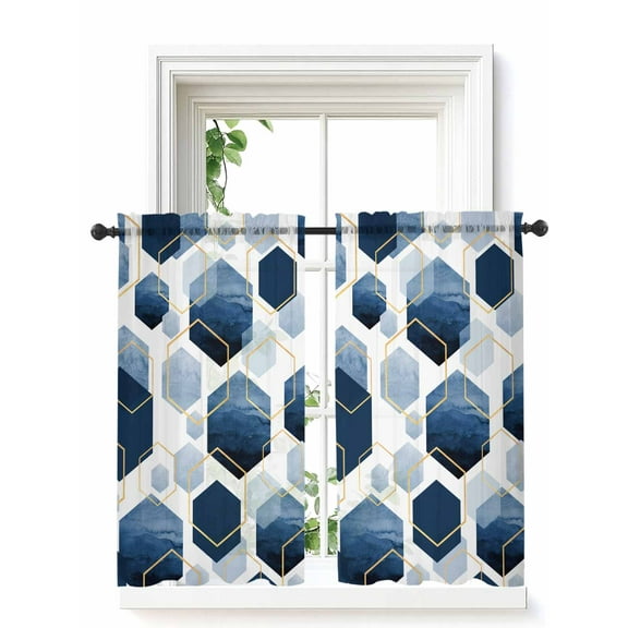 Navy Blue Geometric Tier Curtains 45 Inch Length, Sheer Curtains for Bedroom Living Room Window, Gold White Hexagon Modern Rod Pocket Voile Drapes Kitchen Curtains for Small Window 27.5"x45" 2 Panels