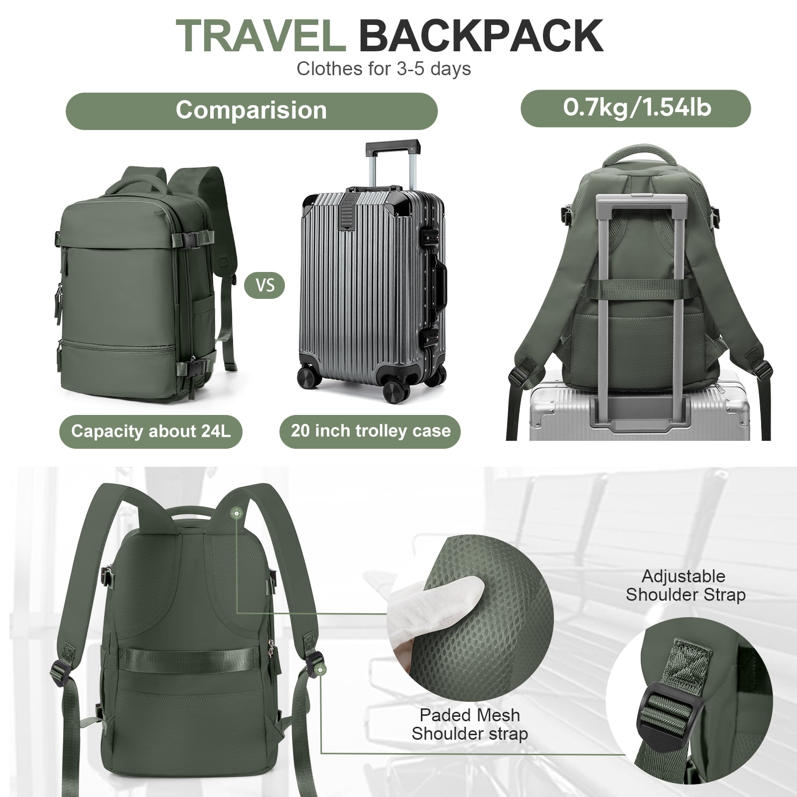 Lightweight Travel Backpack Simple Carry On Backpack with Shoe Compartment, Personal Item Travel Bag Flight Approved, Water Resistant Laptop Backpack for Women Men Weekender Business, Olive Green