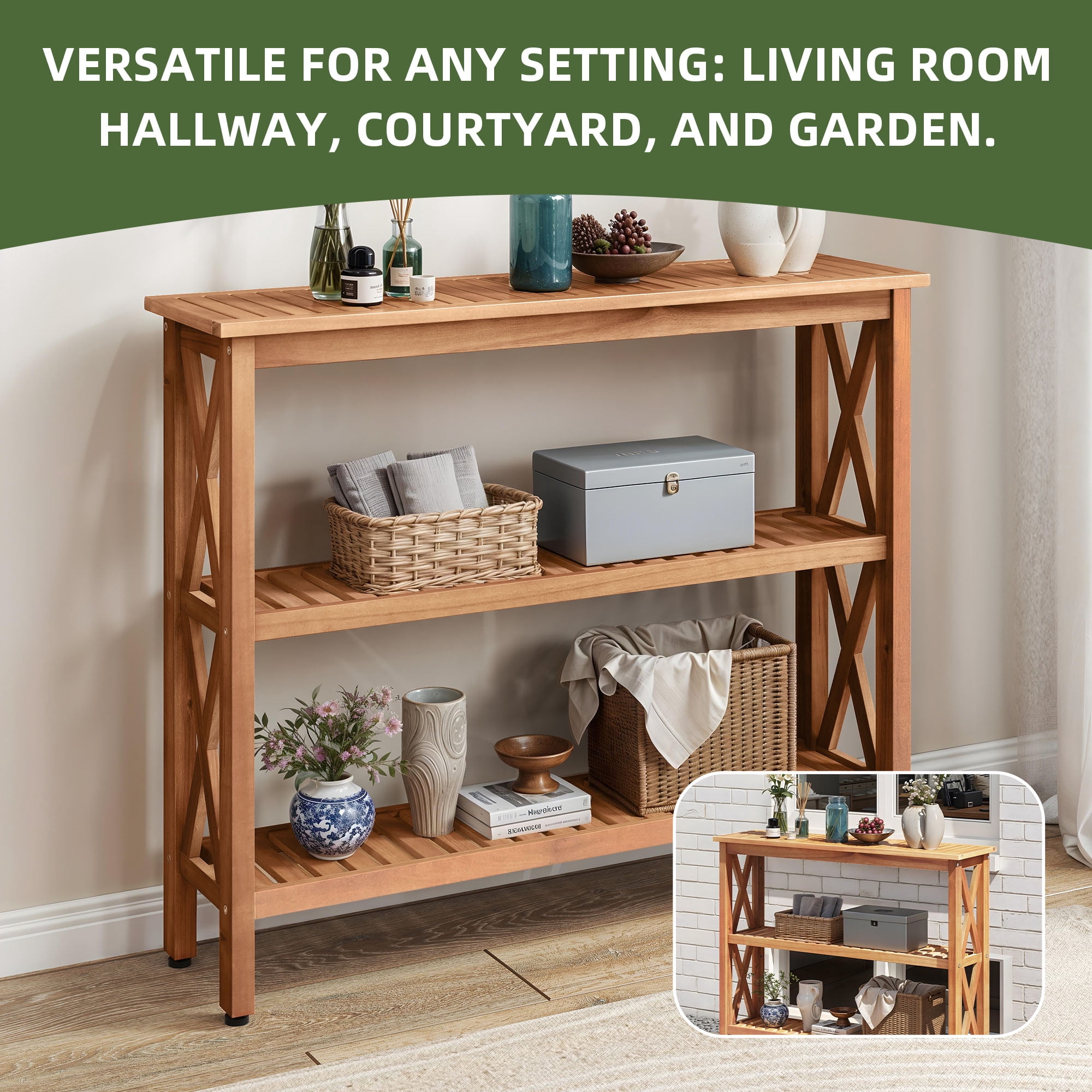 Uforic 39.4" Outdoor Console Table with Storage Shelves, Weatherproof Wood Side Table, Natural