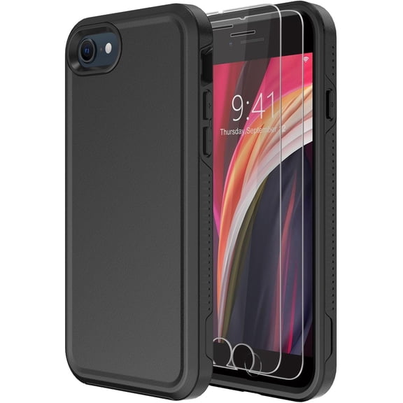 Designed for iPhone SE case with Screen Protector Heavy Duty Shockproof Shock-Resistant Cases for Apple iPhone se Phone 2022/2020 Release (Black 2in1)