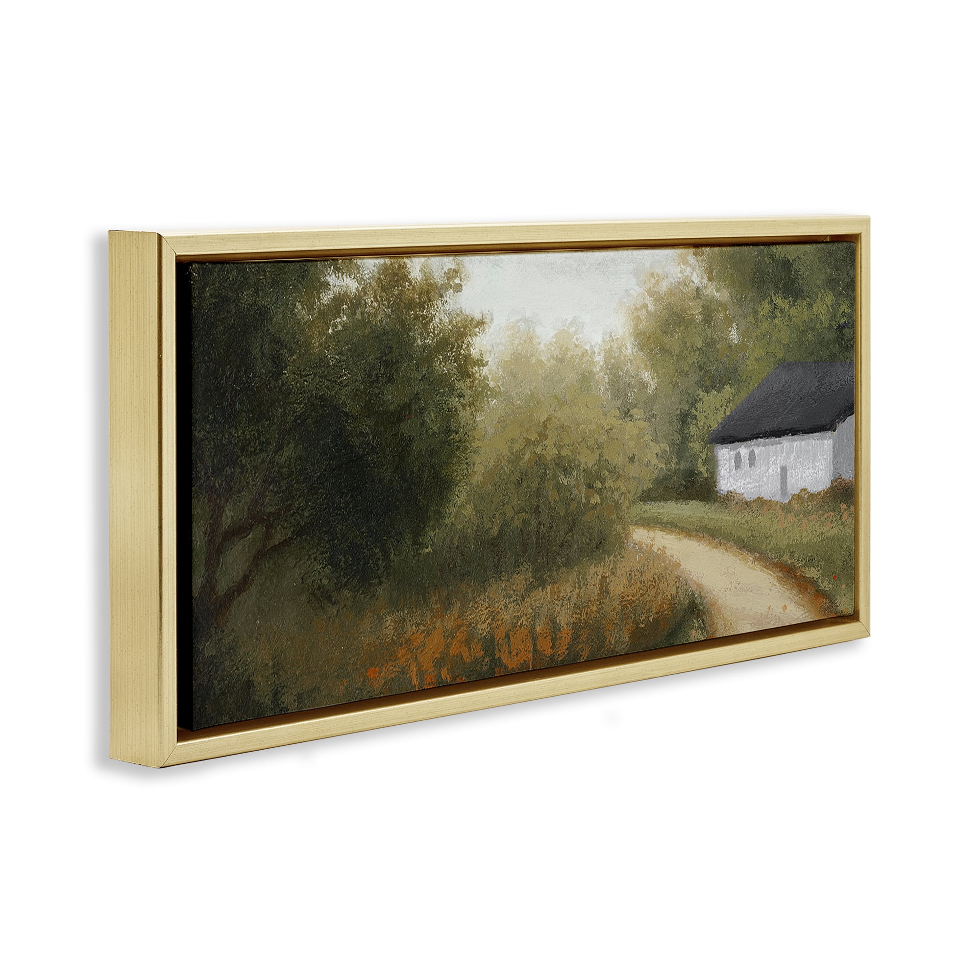 Stupell Industries Charming Country Road Landscape & Nature Painting Gold Floater Framed Canvas Art Print Wall Art, 25 x 11
