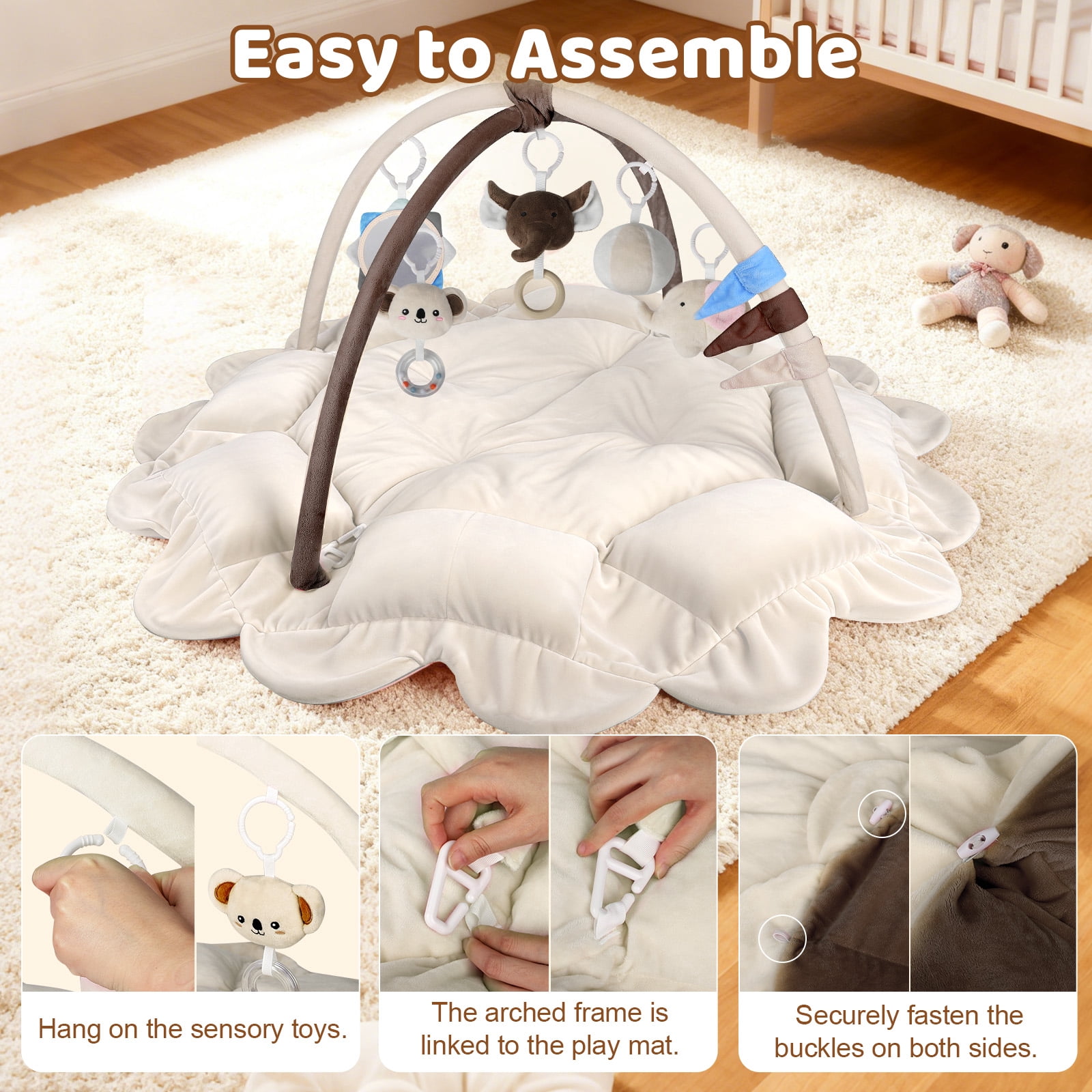 OMZER 5-in-1 Multifunctional Baby Play Gym, Washable Activity Mat with Sensory Toys, Non-Slip Baby Playmat, Beige
