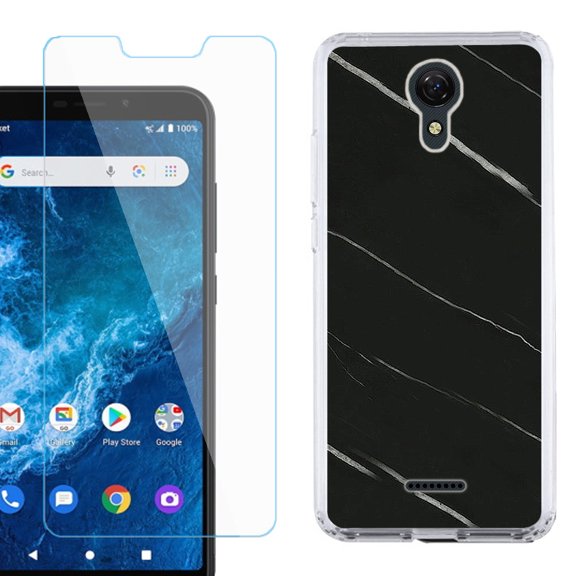 Slim-Fit Protective Phone Case compatible with Cricket Icon 2, with Tempered Glass Screen Protector, by OneToughShield ® - Marble / Black