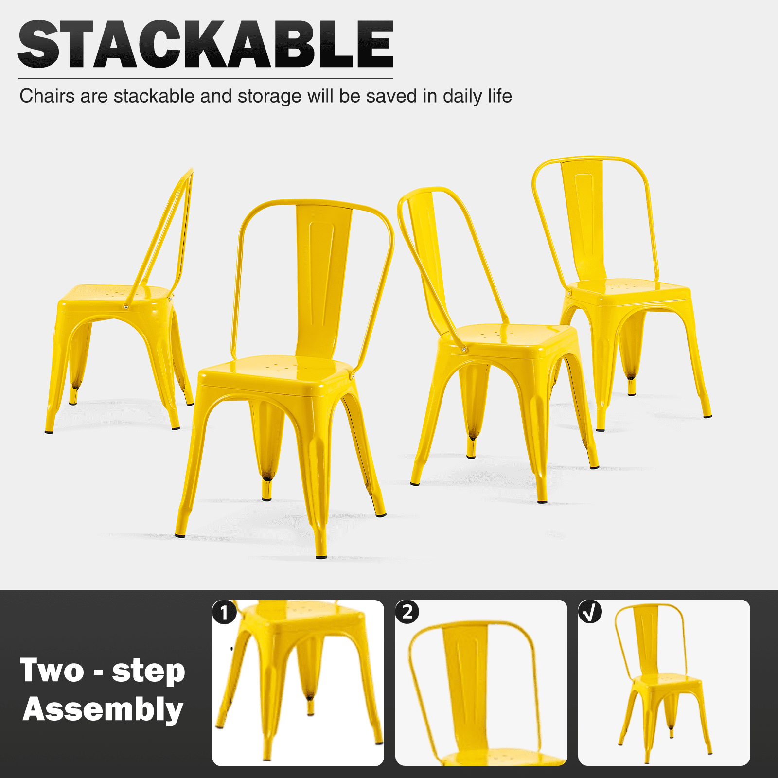 SOLEGGIATA Yellow Metal Dining Chairs Set of 2 Industrial Stackable Chairs Suitable for Indoor Outdoor Dining Room Kitchen Restaurant Cafe Daisy Yellow